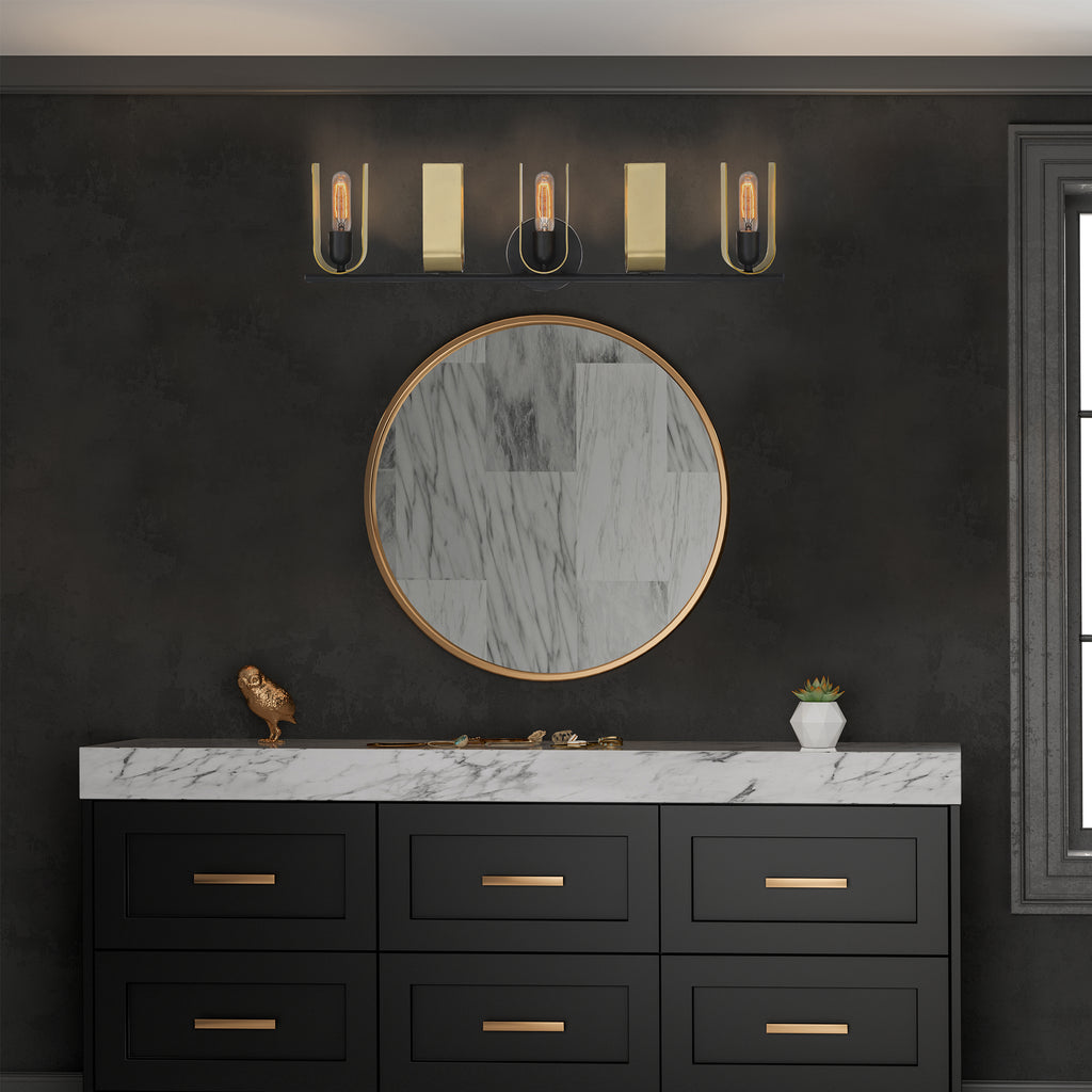 U Turn 31.5 in. 5-Light Matte Black Modern Vanity Light with Brushed Gold Metal Shades for Bathrooms