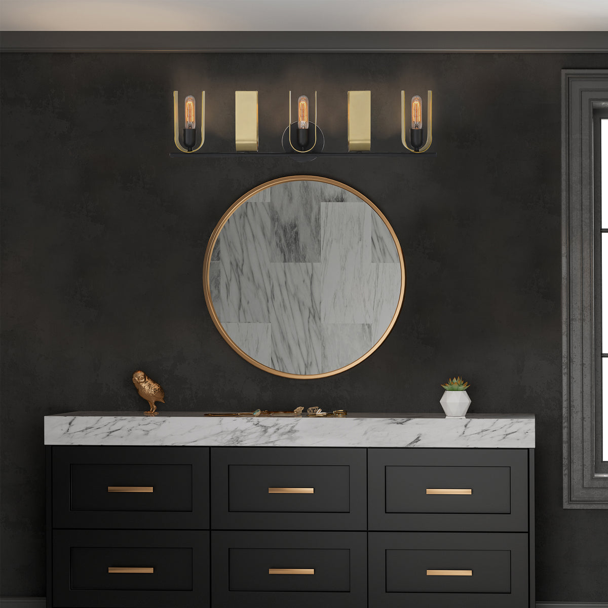 U Turn 31.5 in. 5-Light Matte Black Modern Vanity Light with Brushed Gold Metal Shades for Bathrooms