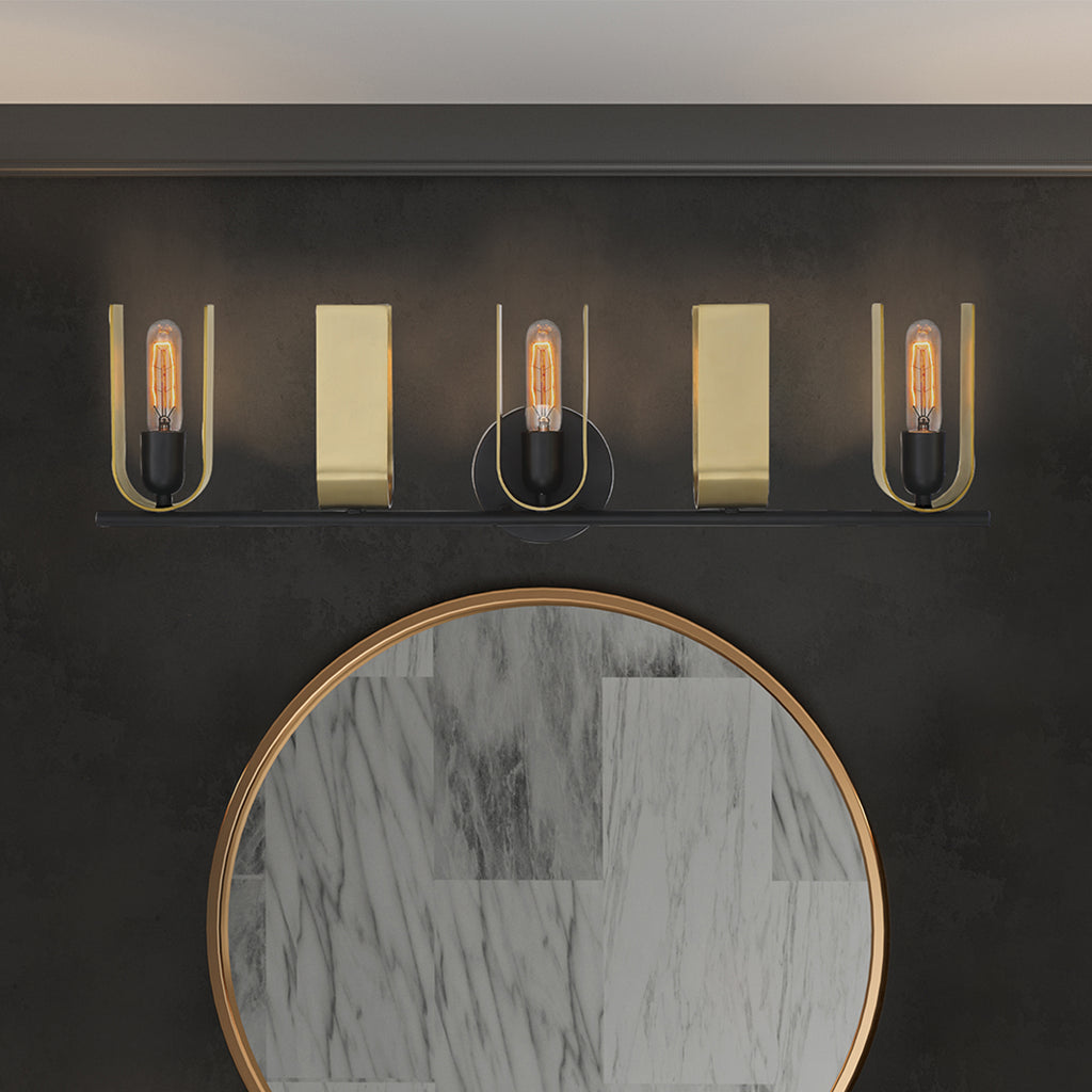 U Turn 31.5 in. 5-Light Matte Black Modern Vanity Light with Brushed Gold Metal Shades for Bathrooms
