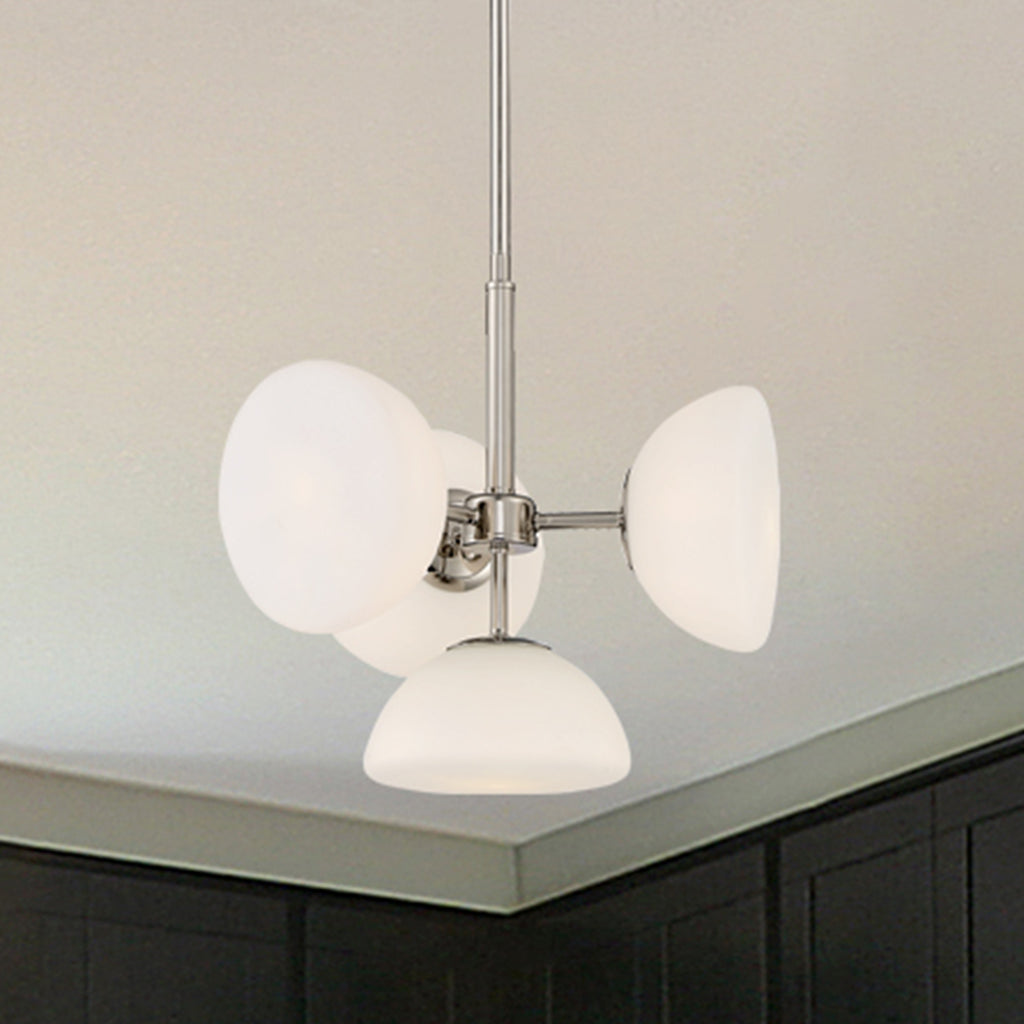 Zio 4-Light Convertible Polished Nickel Retro Modern Chandelier with Etched Opal Glass Shades For Dining Rooms
