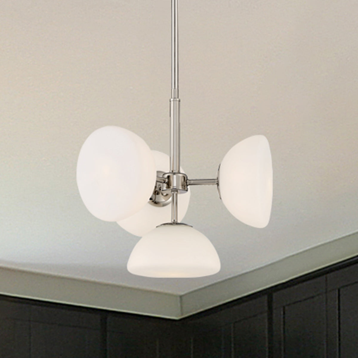 Zio 4-Light Convertible Polished Nickel Retro Modern Chandelier with Etched Opal Glass Shades For Dining Rooms