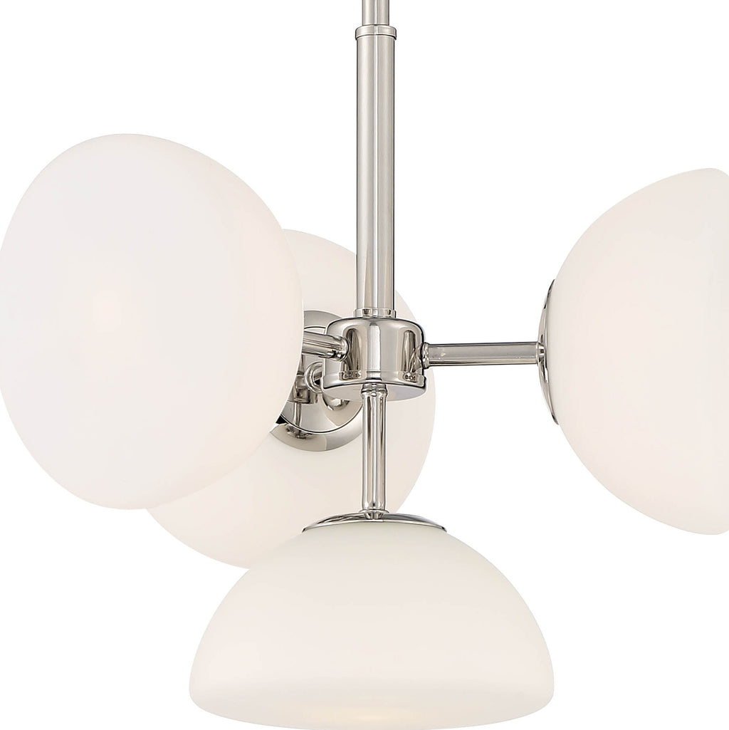 Zio 4-Light Convertible Polished Nickel Retro Modern Chandelier with Etched Opal Glass Shades For Dining Rooms