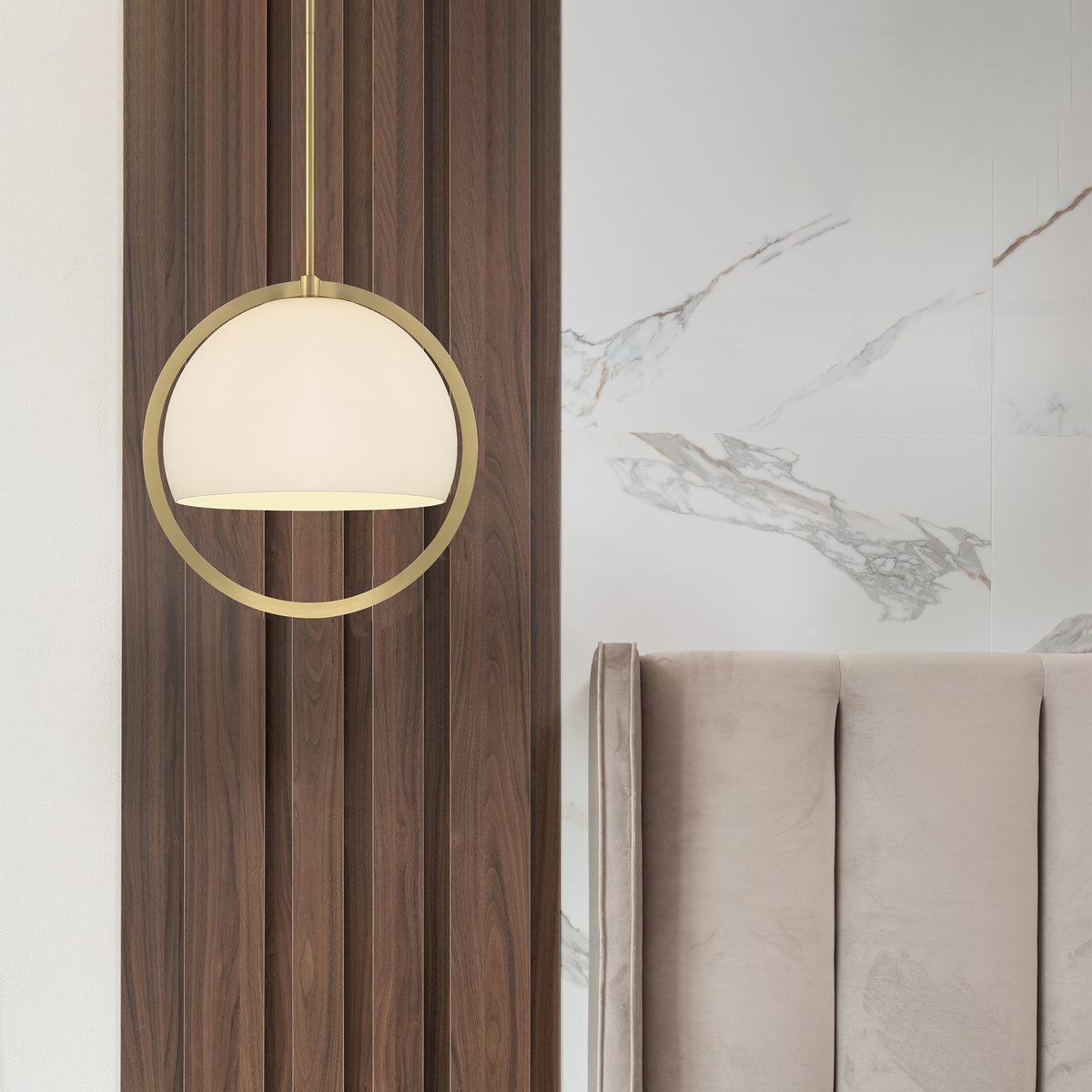 Eterna 60-Watt 1 Light Brushed Gold Pendant with Etched Opal Glass Shade