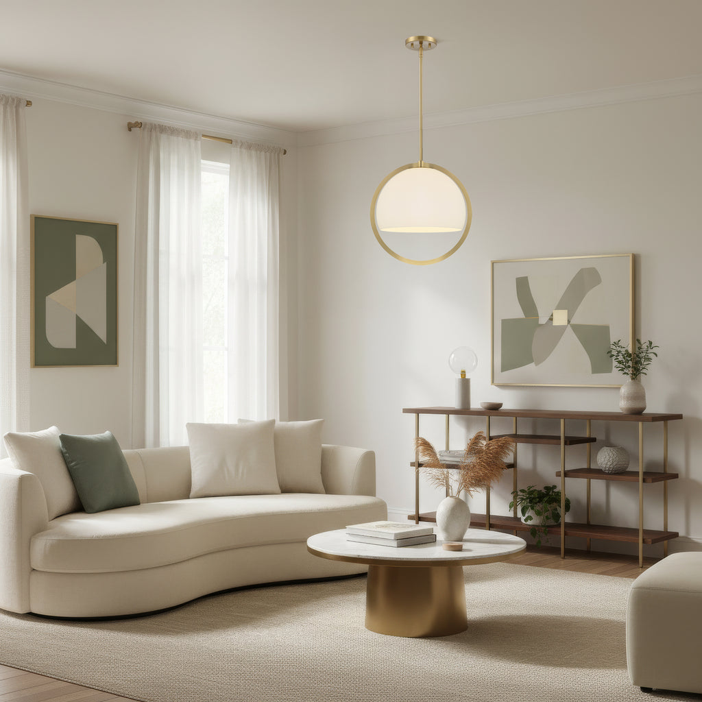Eterna 60-Watt 1 Light Brushed Gold Pendant with Etched Opal Glass Shade