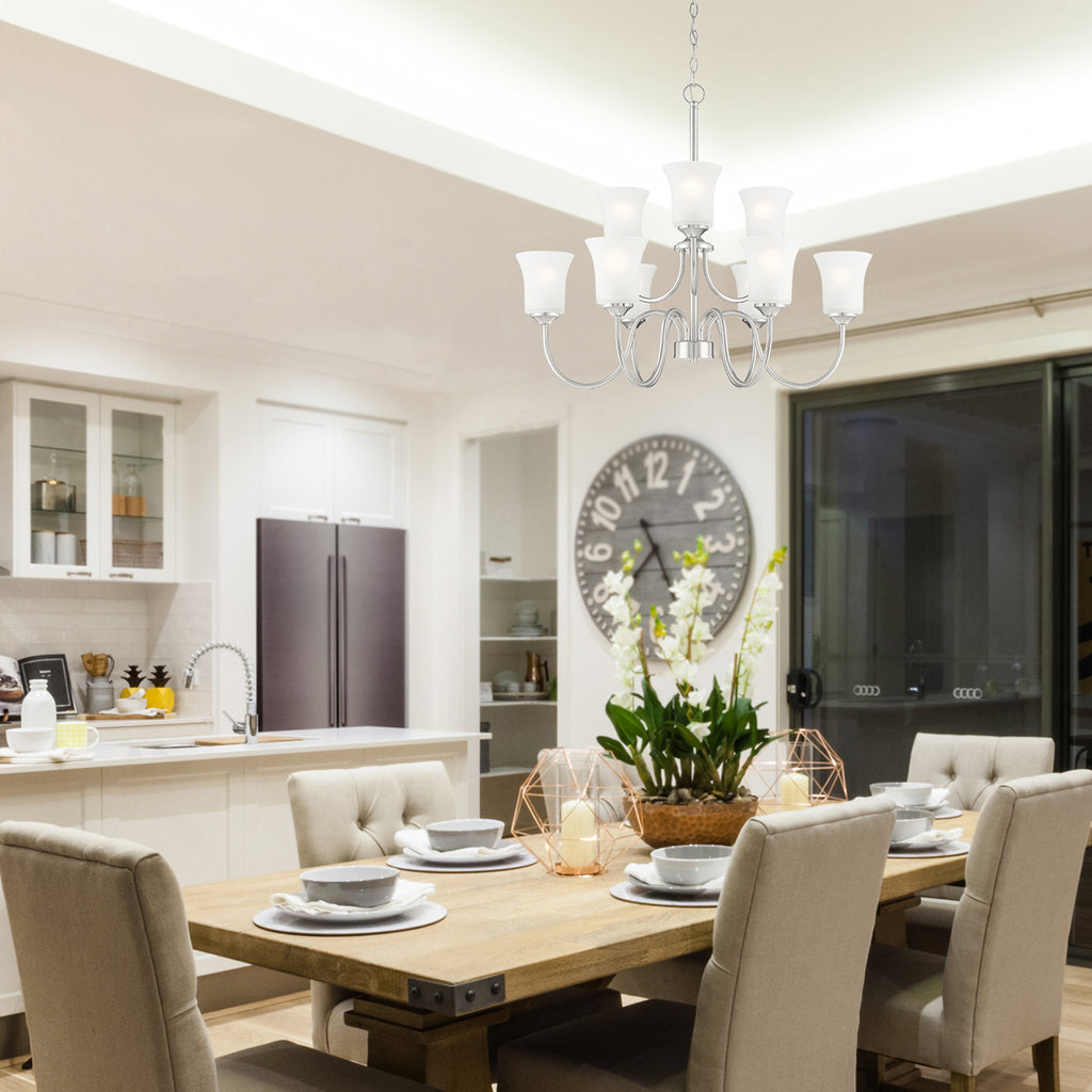 Bronson 9-Light Brushed Nickel Chandelier with Frosted Glass Shades