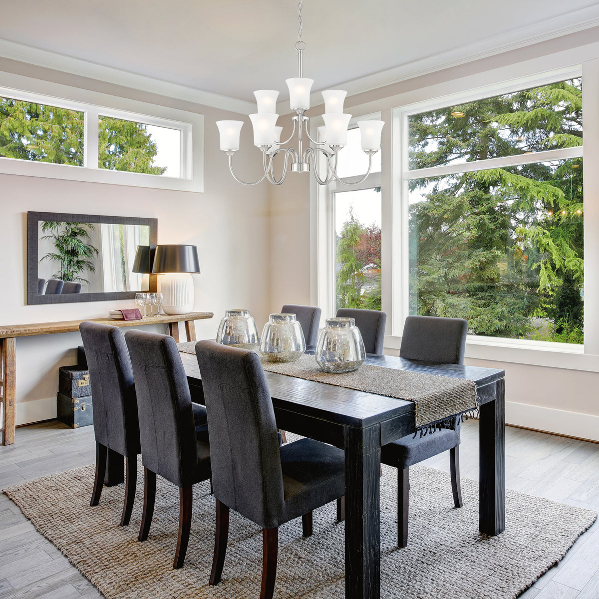 Bronson 9-Light Brushed Nickel Chandelier with Frosted Glass Shades