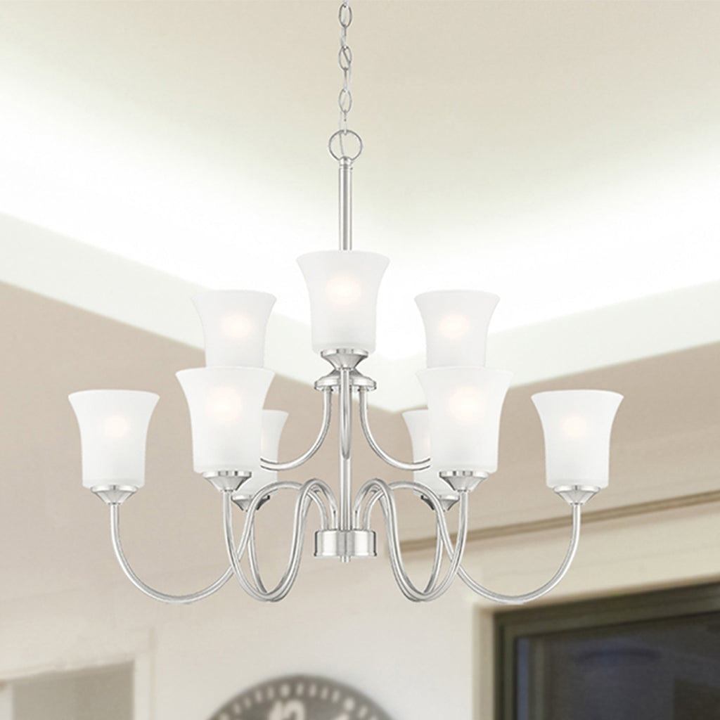 Bronson 9-Light Brushed Nickel Chandelier with Frosted Glass Shades
