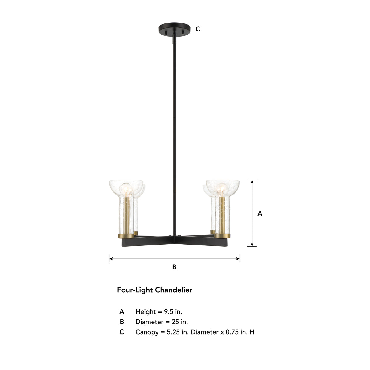 Galactic 4 Light Modern Matte Black with Clear Seeded Glass Shades Chandelier For Dining Rooms