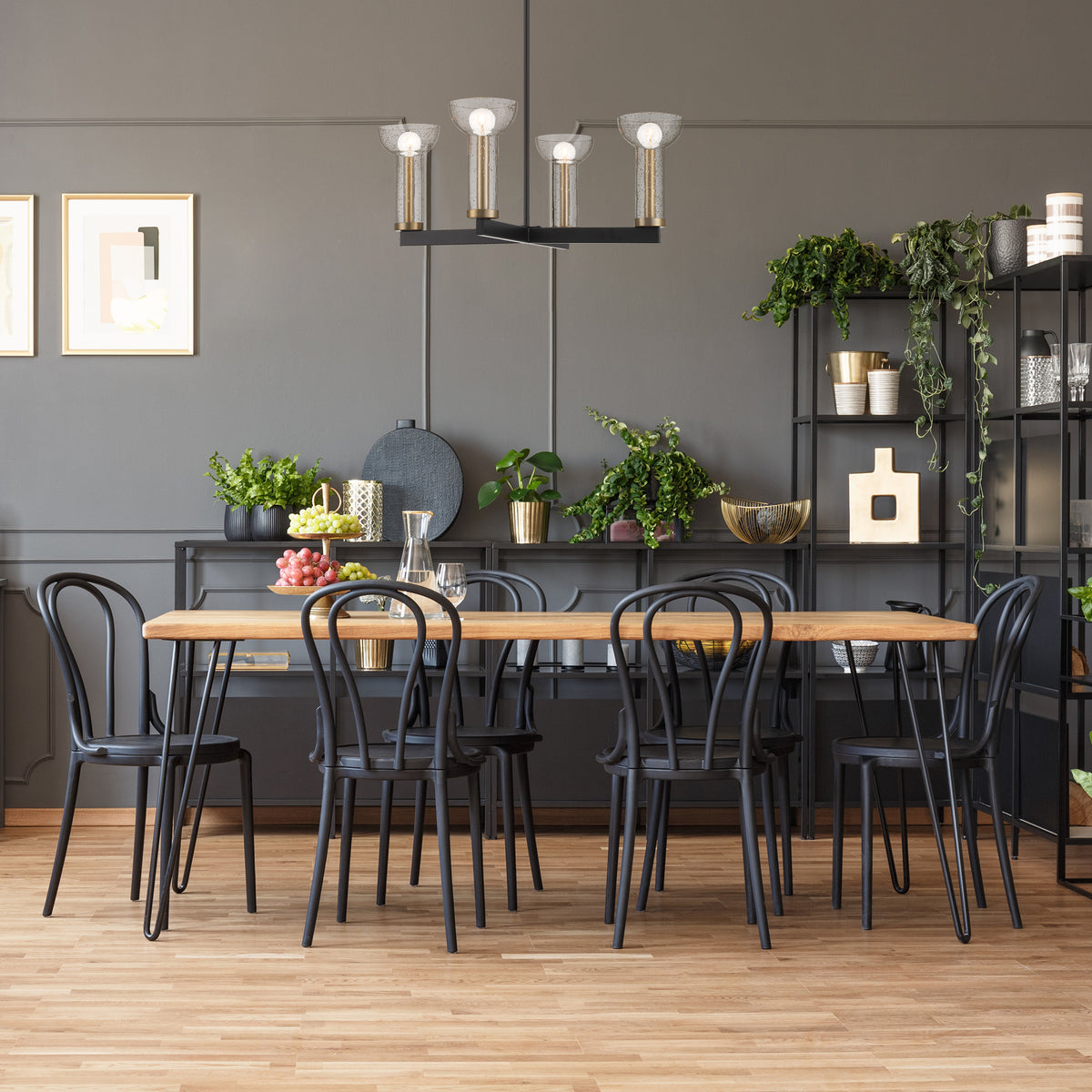 Galactic 4 Light Modern Matte Black with Clear Seeded Glass Shades Chandelier For Dining Rooms