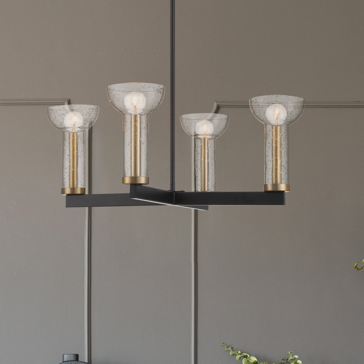 Galactic 4 Light Modern Matte Black with Clear Seeded Glass Shades Chandelier For Dining Rooms