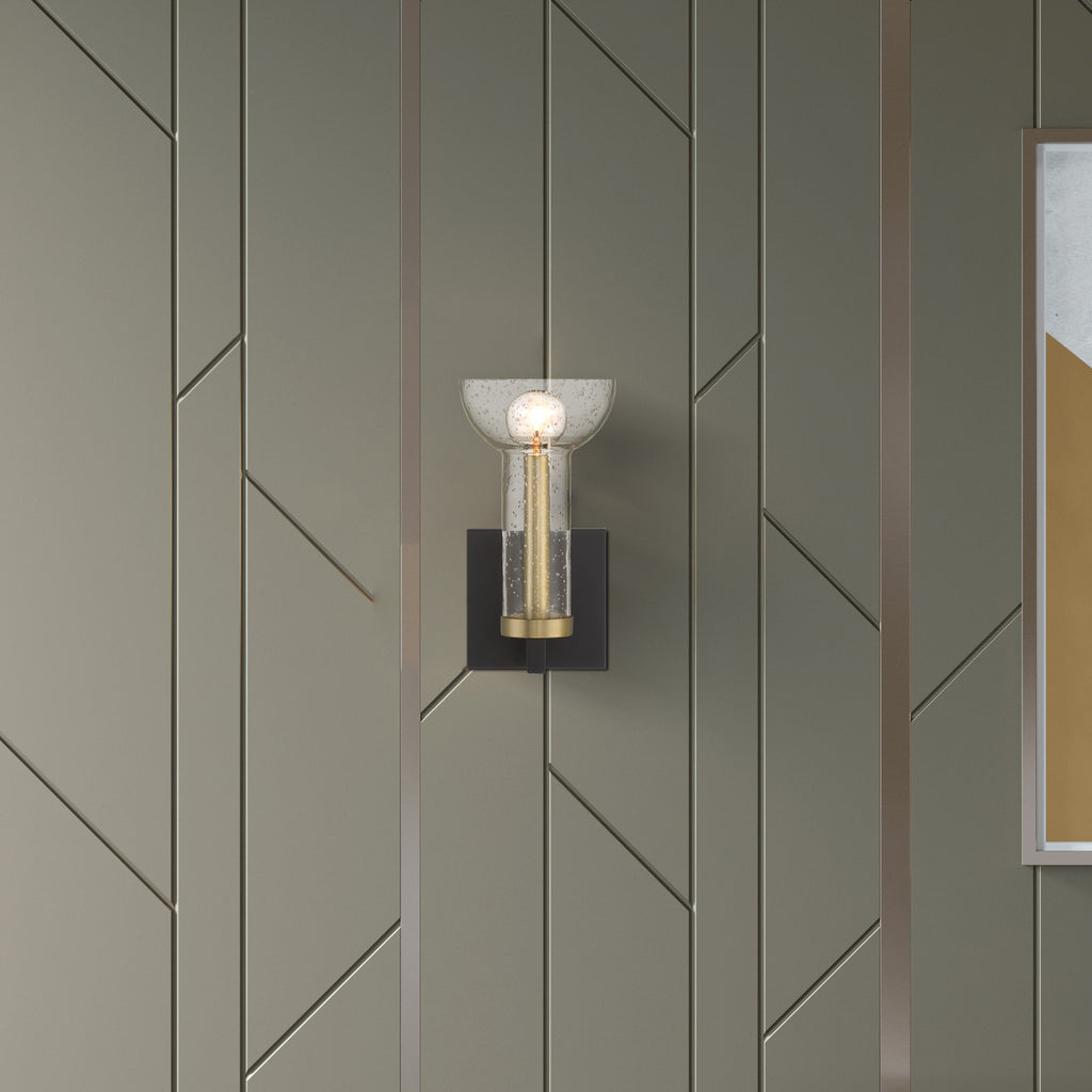 Galactic 5 in. 1-Light Matte Black Industrial Wall Sconce with Clear Seedy Glass Shade for Living Rooms