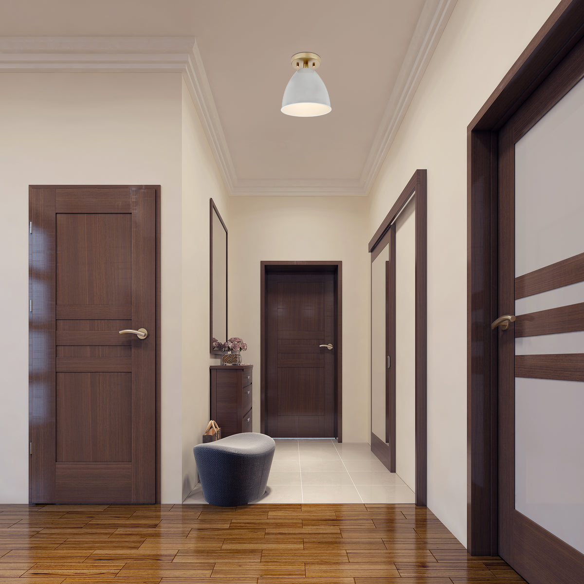 Biba 8.25 in. 1-Light Brushed Gold Modern Entryway Semi-Flush Mount with Metal Shade