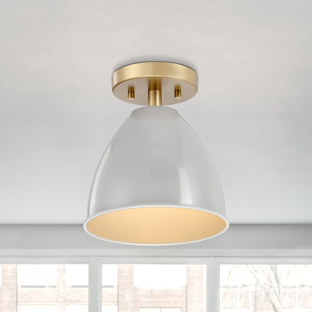 Biba 8.25 in. 1-Light Brushed Gold Modern Entryway Semi-Flush Mount with Metal Shade
