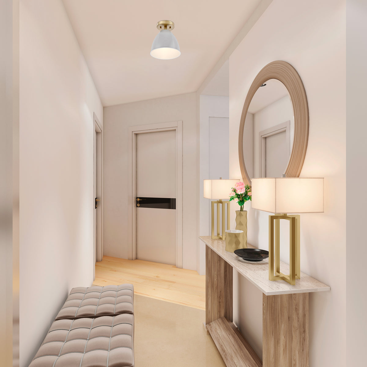 Biba 8.25 in. 1-Light Brushed Gold Modern Entryway Semi-Flush Mount with Metal Shade