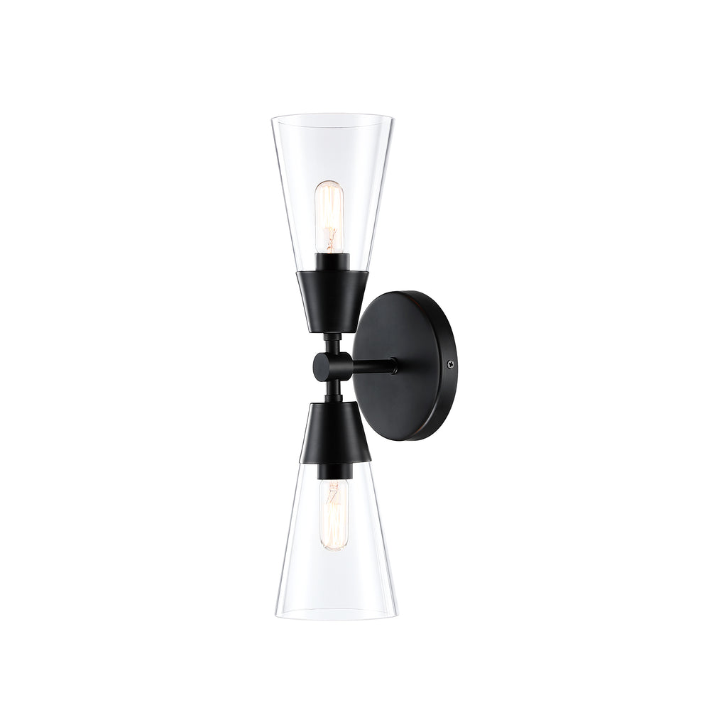 Norro 5.25 in. 2-Light Matte Black Transitional Wall Sconce with Clear Glass Shades