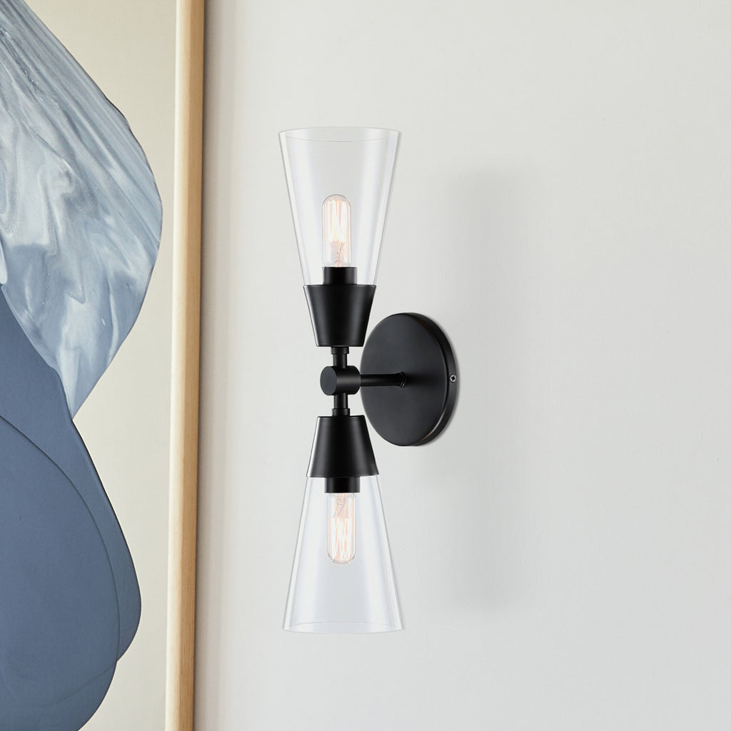 Norro 5.25 in. 2-Light Matte Black Transitional Wall Sconce with Clear Glass Shades