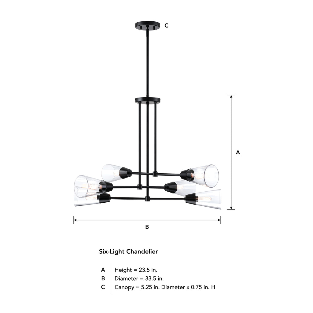 Norro 6-Light Matte Black Modern Geometric Chandelier for Dining Areas with No Bulbs Included