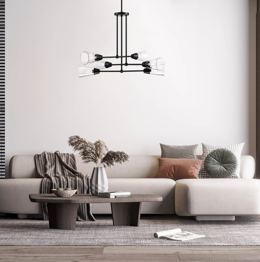 Norro 6-Light Matte Black Modern Geometric Chandelier for Dining Areas with No Bulbs Included
