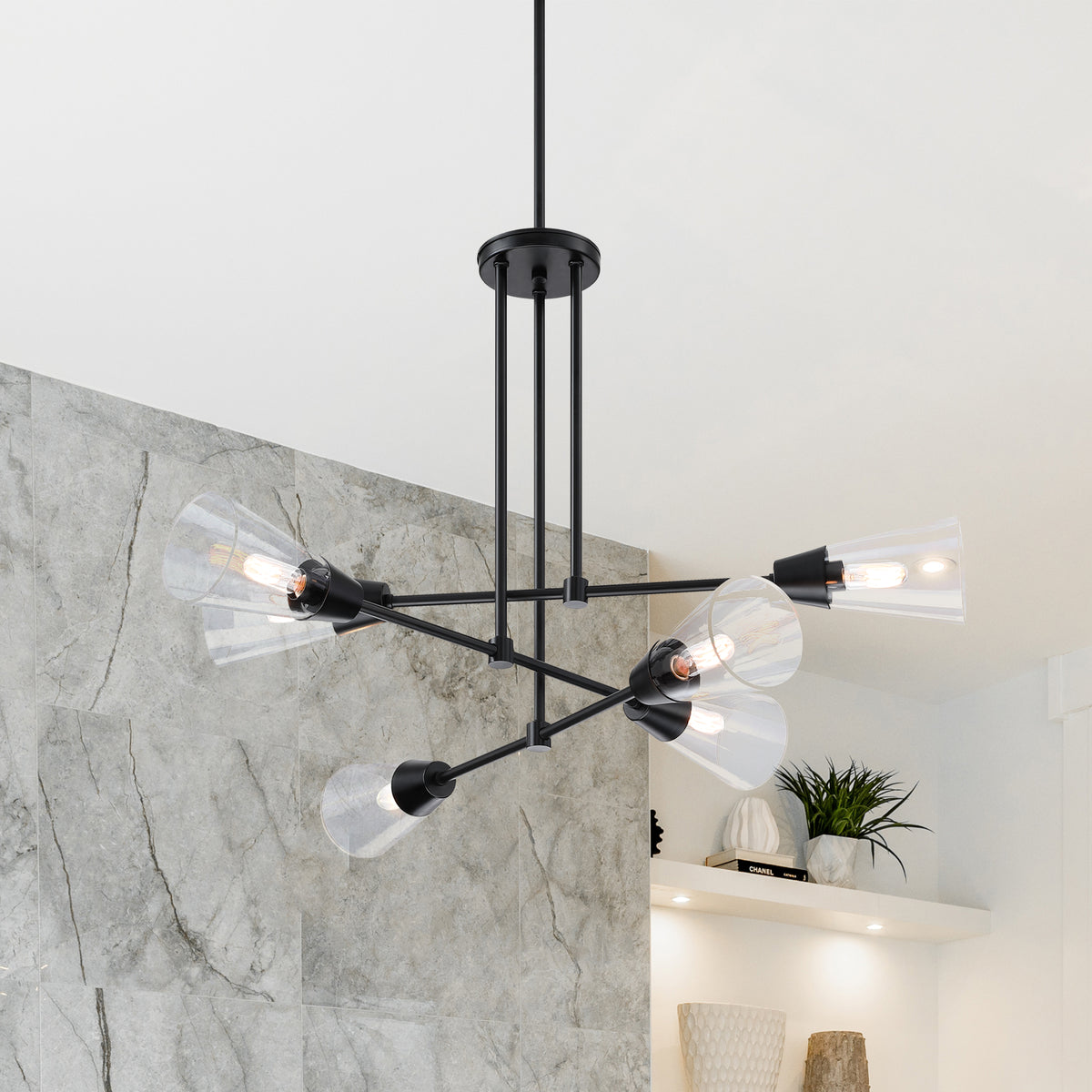 Norro 6-Light Matte Black Modern Geometric Chandelier for Dining Areas with No Bulbs Included