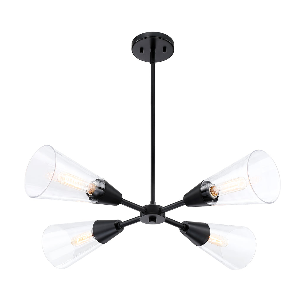Norro 4-Light Matte Black Modern Geometric Chandelier for Dining Areas with No Bulbs Included
