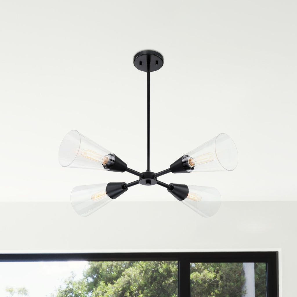Norro 4-Light Matte Black Modern Geometric Chandelier for Dining Areas with No Bulbs Included
