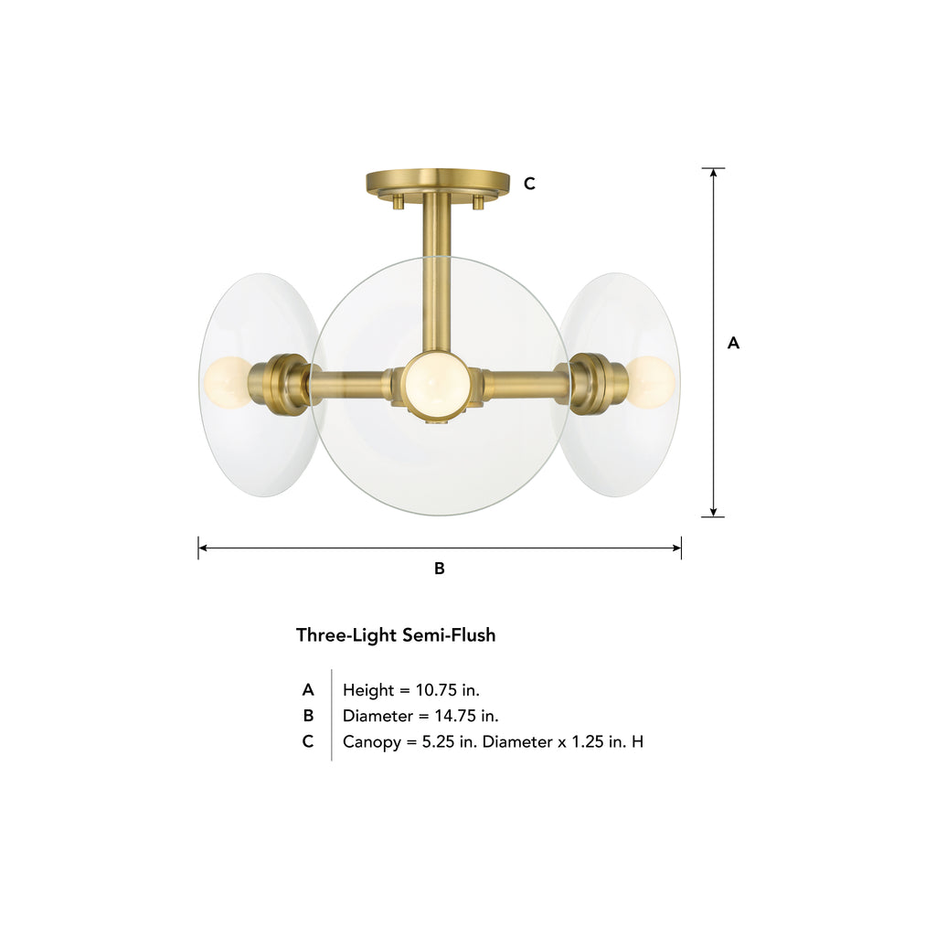 Litto 14.75 in. 3-Light Brushed Gold Modern Entryway Semi-Flush Mount with No Bulbs Included