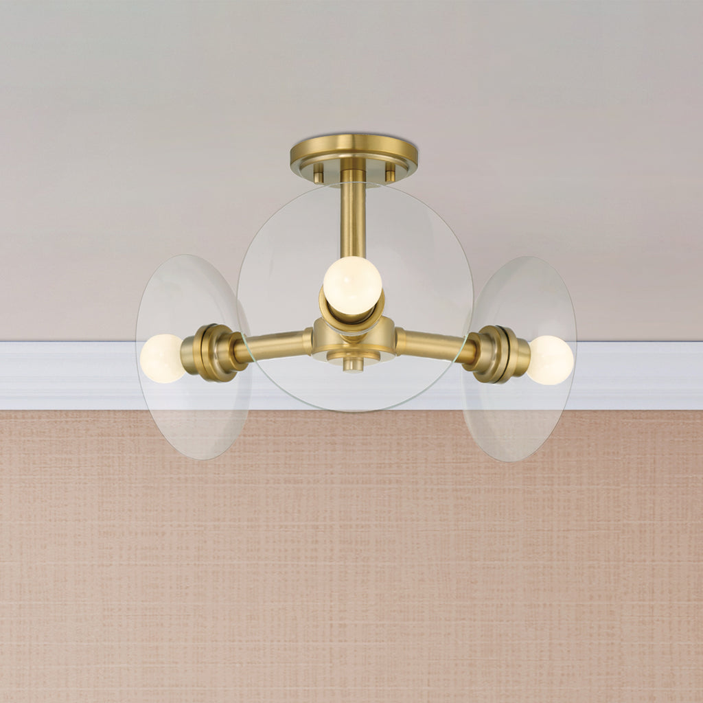 Litto 14.75 in. 3-Light Brushed Gold Modern Entryway Semi-Flush Mount with No Bulbs Included