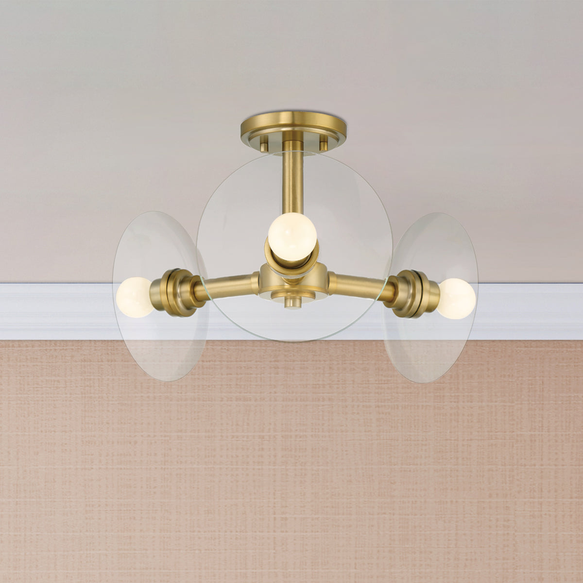 Litto 14.75 in. 3-Light Brushed Gold Modern Entryway Semi-Flush Mount with No Bulbs Included