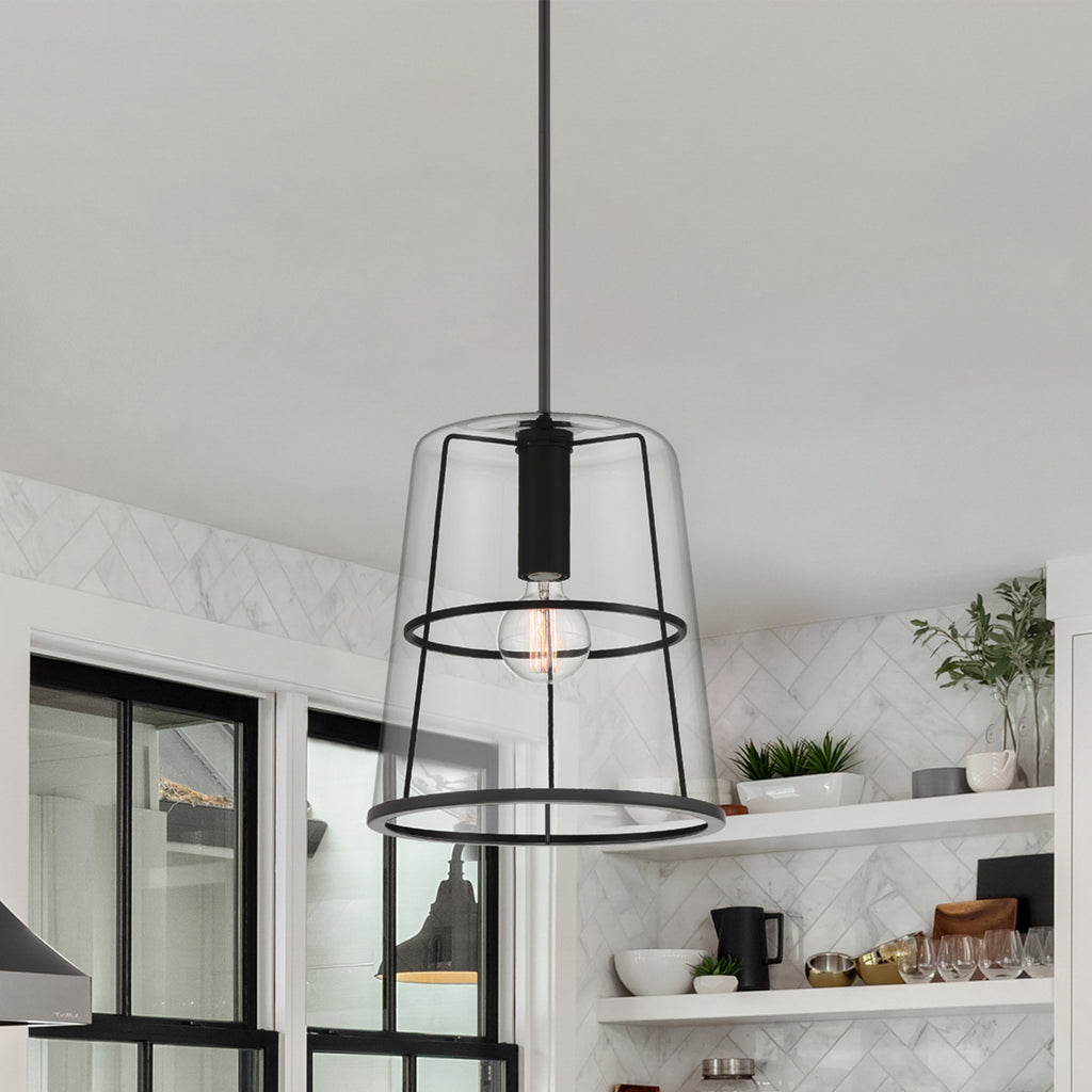 Alonzo 60-Watt 1-Light Matte Black Modern Pendant Light with Clear Glass Shade and No Bulbs Included