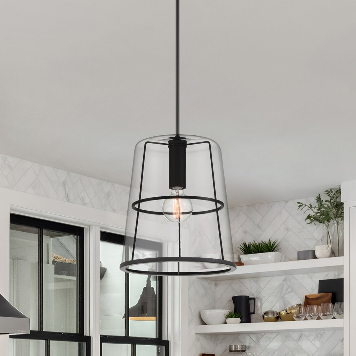 Alonzo 60-Watt 1-Light Matte Black Modern Pendant Light with Clear Glass Shade and No Bulbs Included