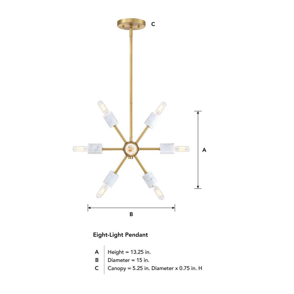 Star Dust 60-Watt 8-Light Brushed Gold Modern Pendant Light with Natural Marble Accents and No Bulbs Included