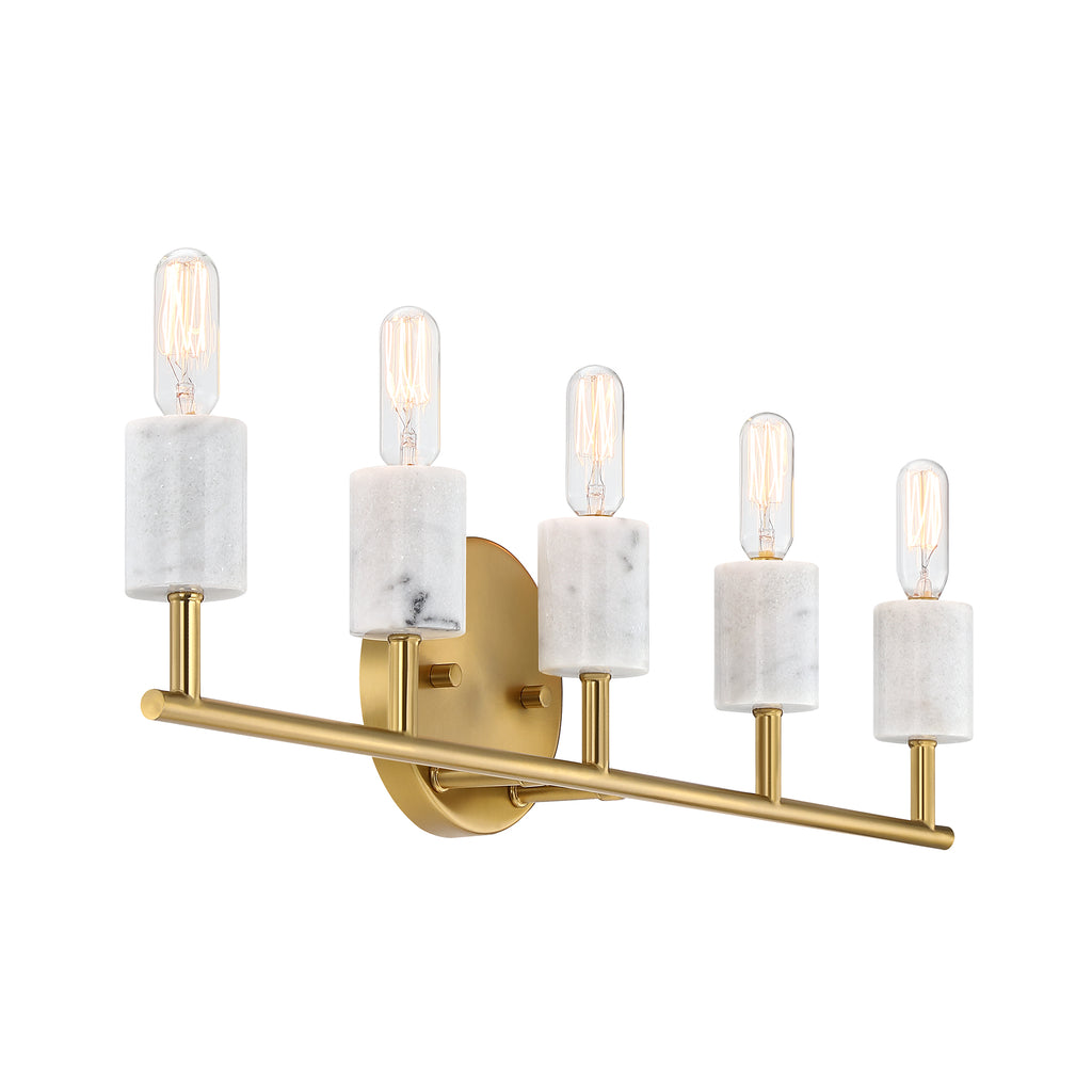 Star Dust 24.25 in. 5-Light Brushed Gold Mid-century Vanity Light with Natural Marble Accents