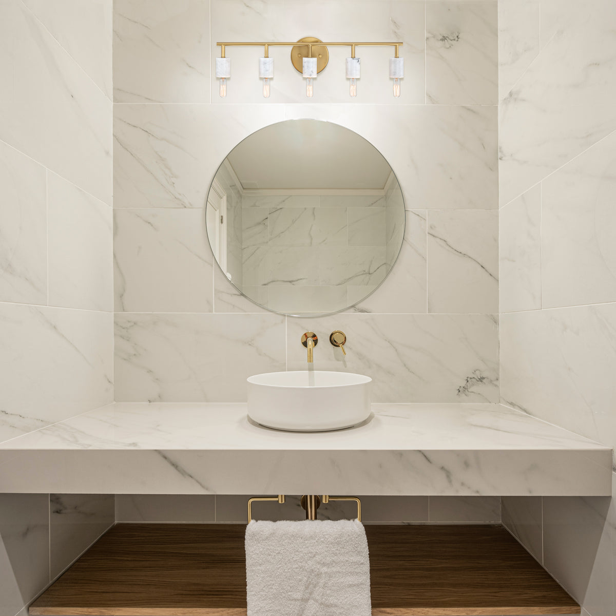 Star Dust 24.25 in. 5-Light Brushed Gold Mid-century Vanity Light with Natural Marble Accents