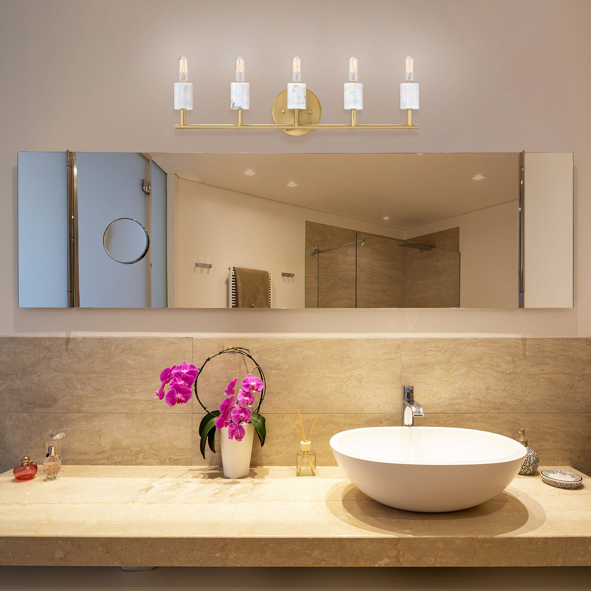 Star Dust 24.25 in. 5-Light Brushed Gold Mid-century Vanity Light with Natural Marble Accents