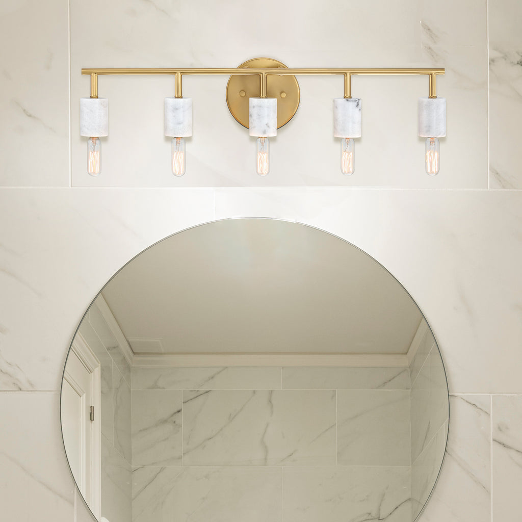 Star Dust 24.25 in. 5-Light Brushed Gold Mid-century Vanity Light with Natural Marble Accents