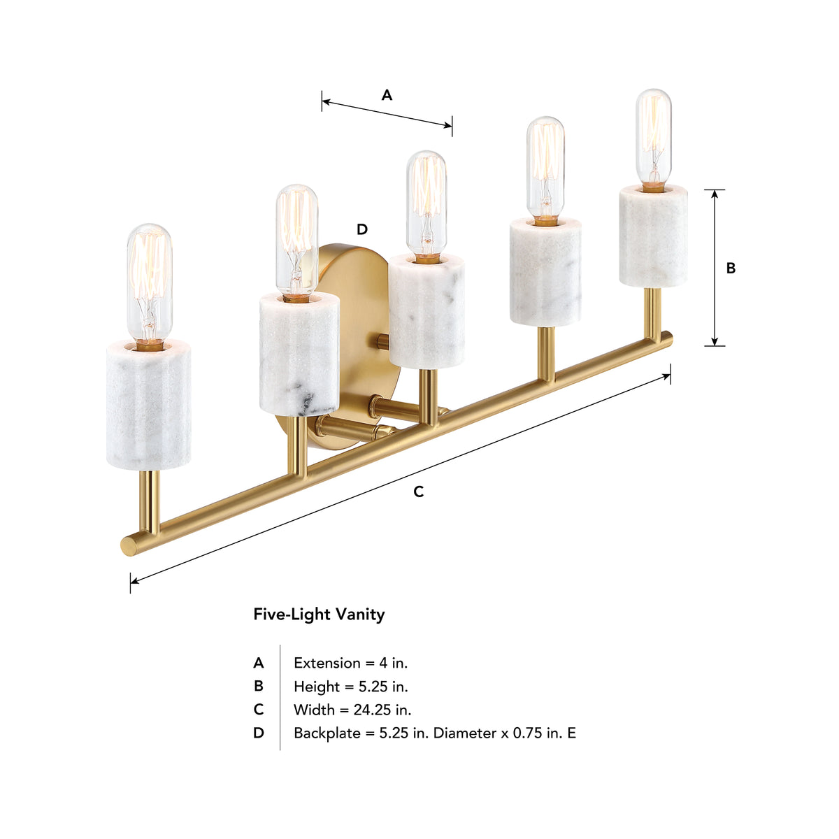Star Dust 24.25 in. 5-Light Brushed Gold Mid-century Vanity Light with Natural Marble Accents