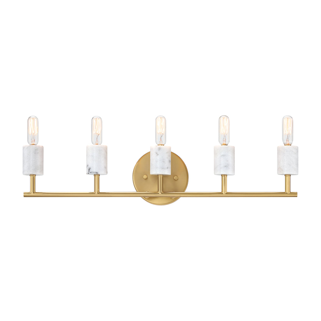 Star Dust 24.25 in. 5-Light Brushed Gold Mid-century Vanity Light with Natural Marble Accents