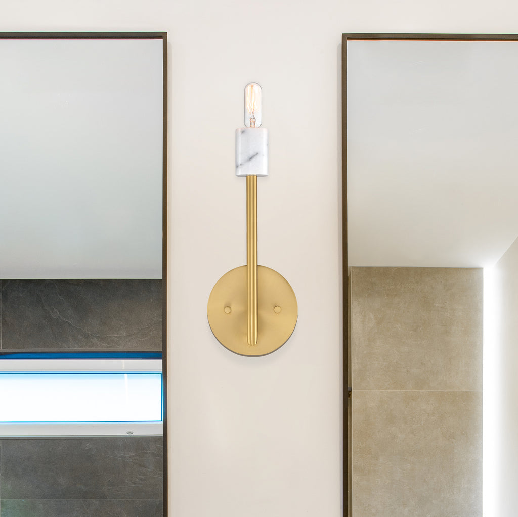 Star Dust 5.25 in. 1-Light Brushed Gold Mid-century Wall Sconce with Natural Marble Accent for Living Rooms