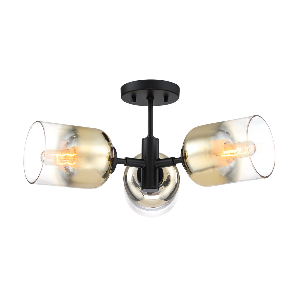 Gatsby 20.5 in. 3-Light Matte Black Retro Entryway Semi-Flush Mount with Gold Ombre Glass Shades