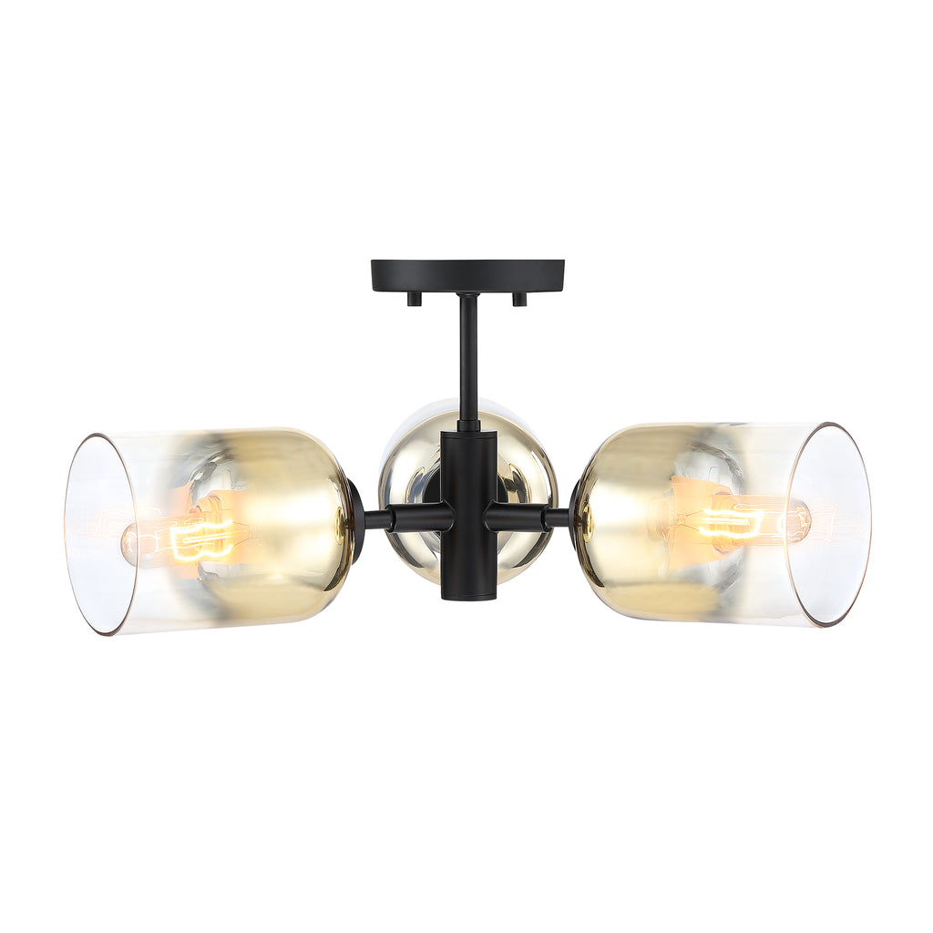Gatsby 20.5 in. 3-Light Matte Black Retro Entryway Semi-Flush Mount with Gold Ombre Glass Shades