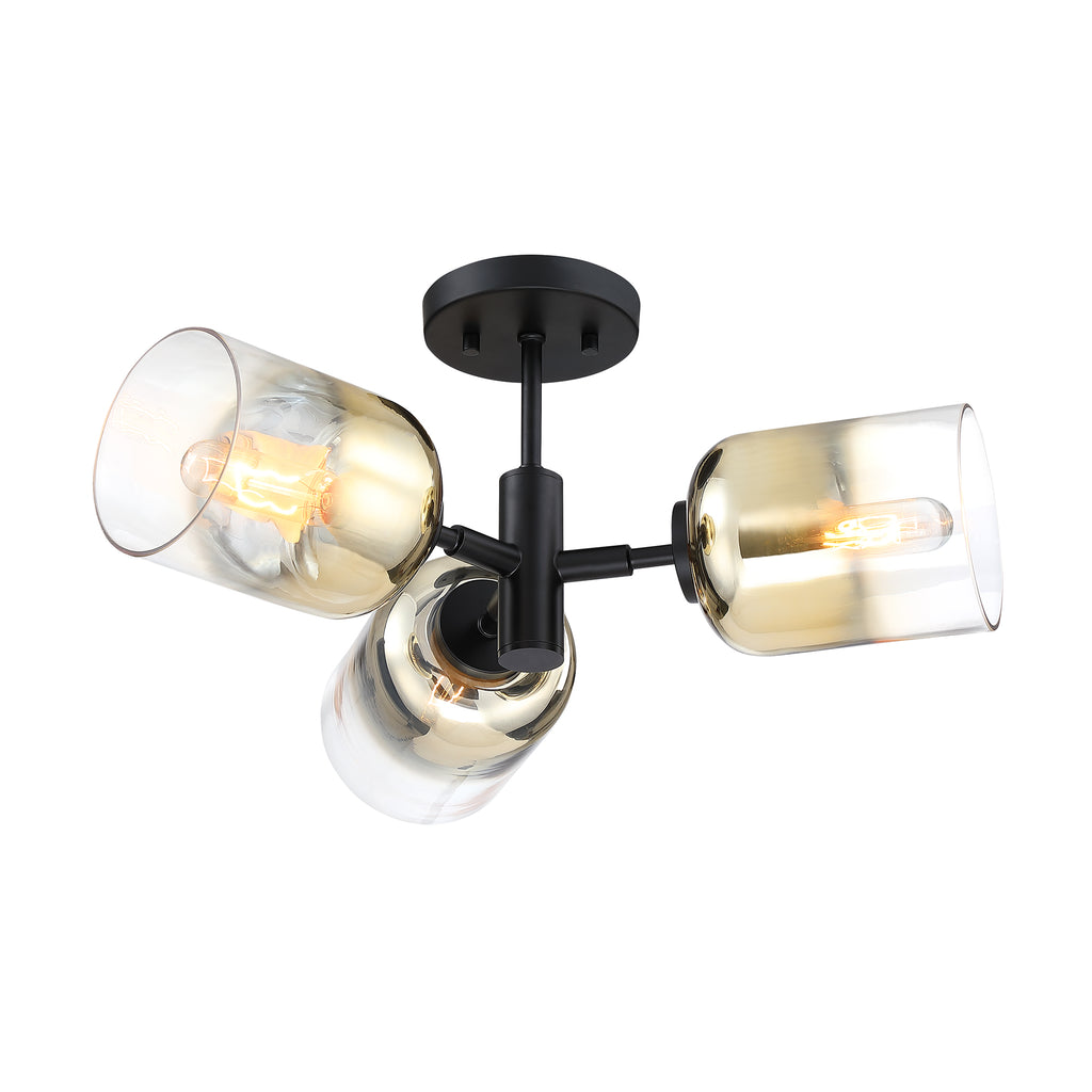 Gatsby 20.5 in. 3-Light Matte Black Retro Entryway Semi-Flush Mount with Gold Ombre Glass Shades