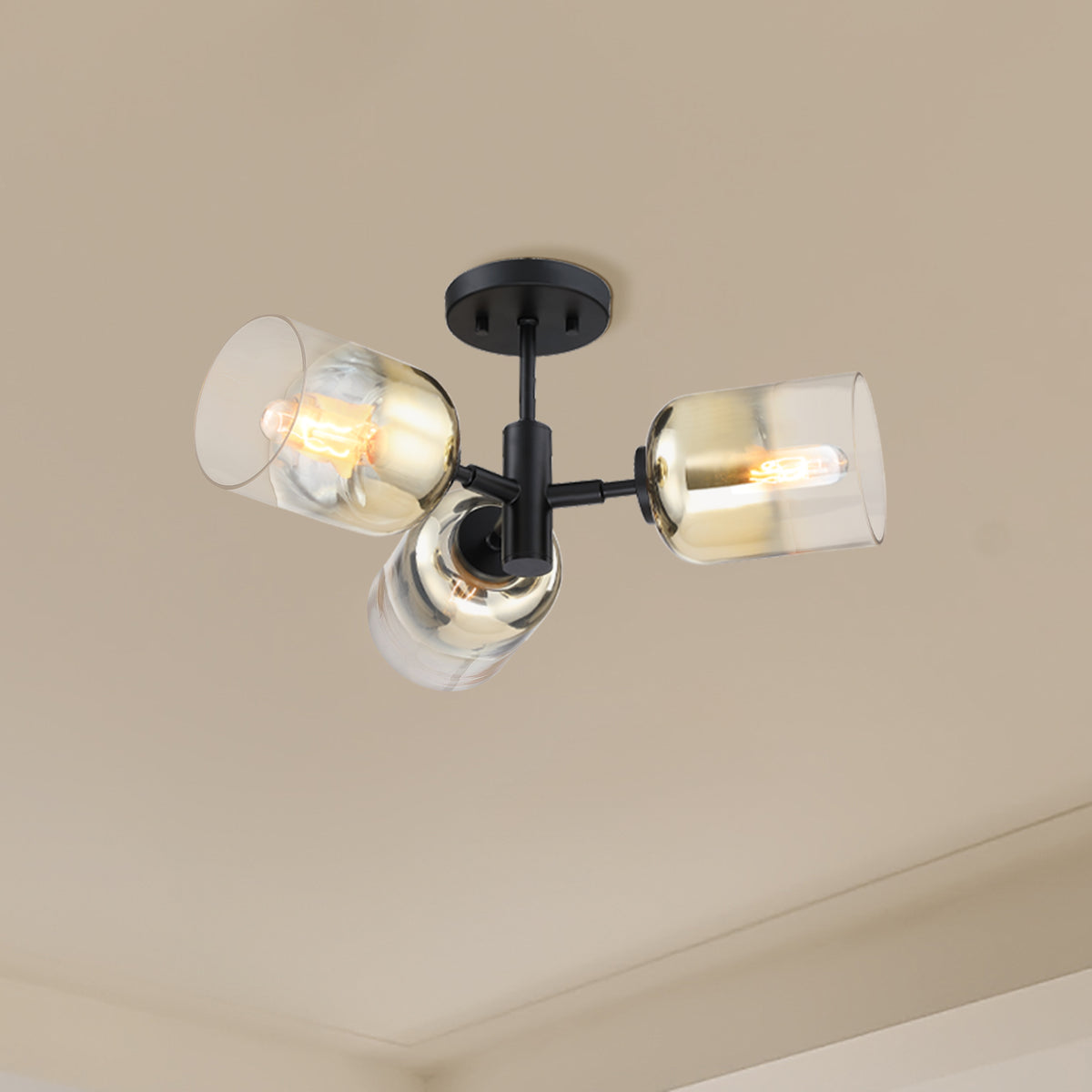 Gatsby 20.5 in. 3-Light Matte Black Retro Entryway Semi-Flush Mount with Gold Ombre Glass Shades