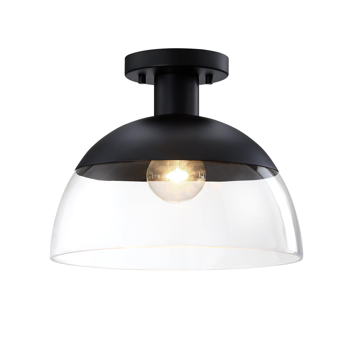 Rey 13 in. 1-Light Matte Black Glam Entryway Semi-Flush Mount with Clear Glass Shade