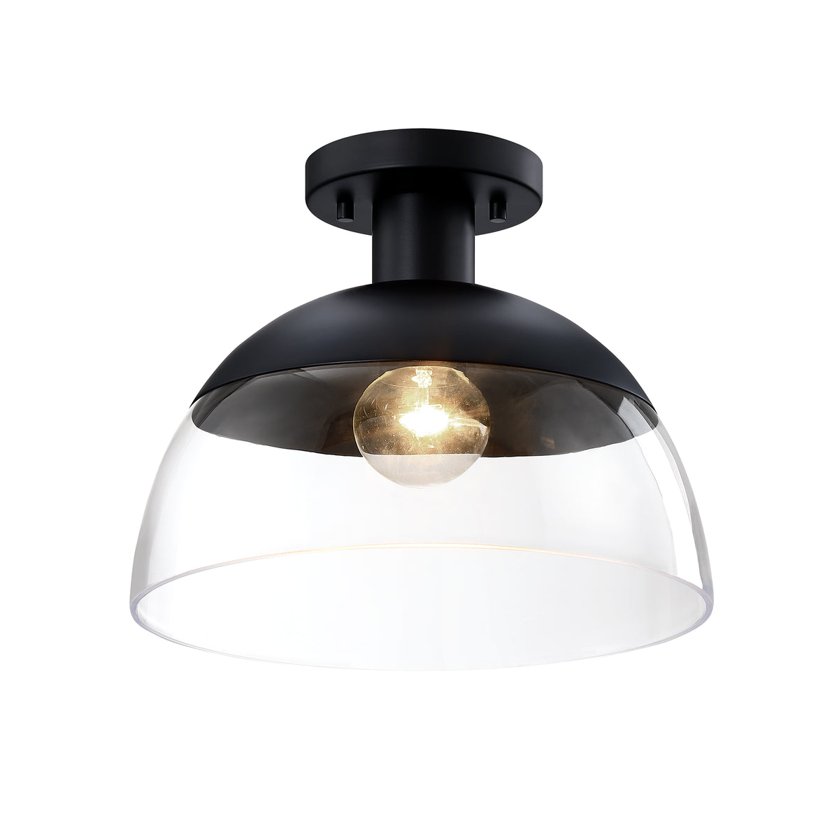 Rey 13 in. 1-Light Matte Black Glam Entryway Semi-Flush Mount with Clear Glass Shade