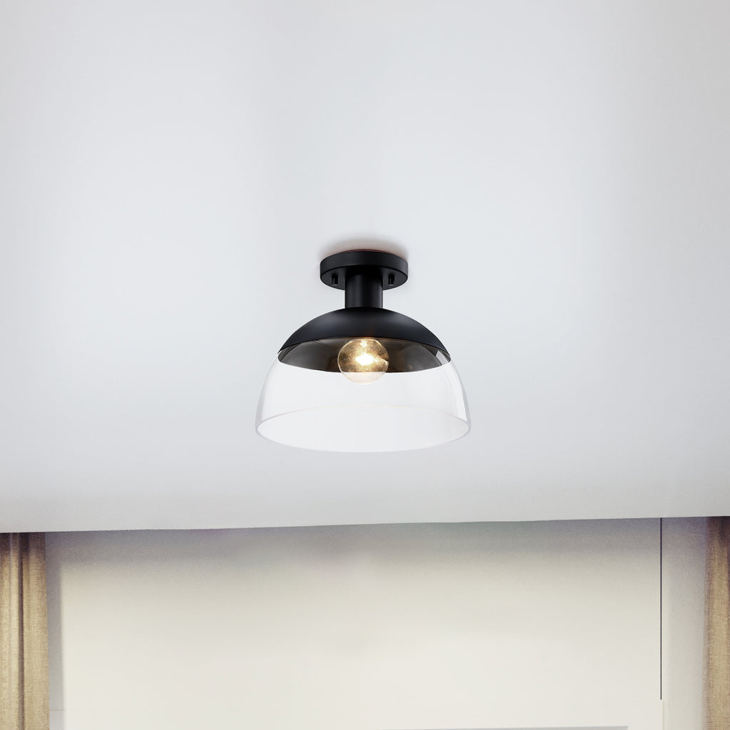 Rey 13 in. 1-Light Matte Black Glam Entryway Semi-Flush Mount with Clear Glass Shade