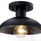 Rey 13 in. 1-Light Matte Black Glam Entryway Semi-Flush Mount with Clear Glass Shade