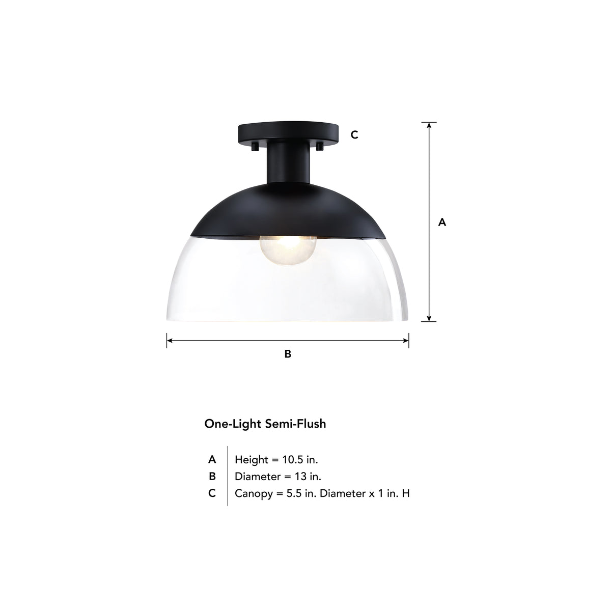 Rey 13 in. 1-Light Matte Black Glam Entryway Semi-Flush Mount with Clear Glass Shade