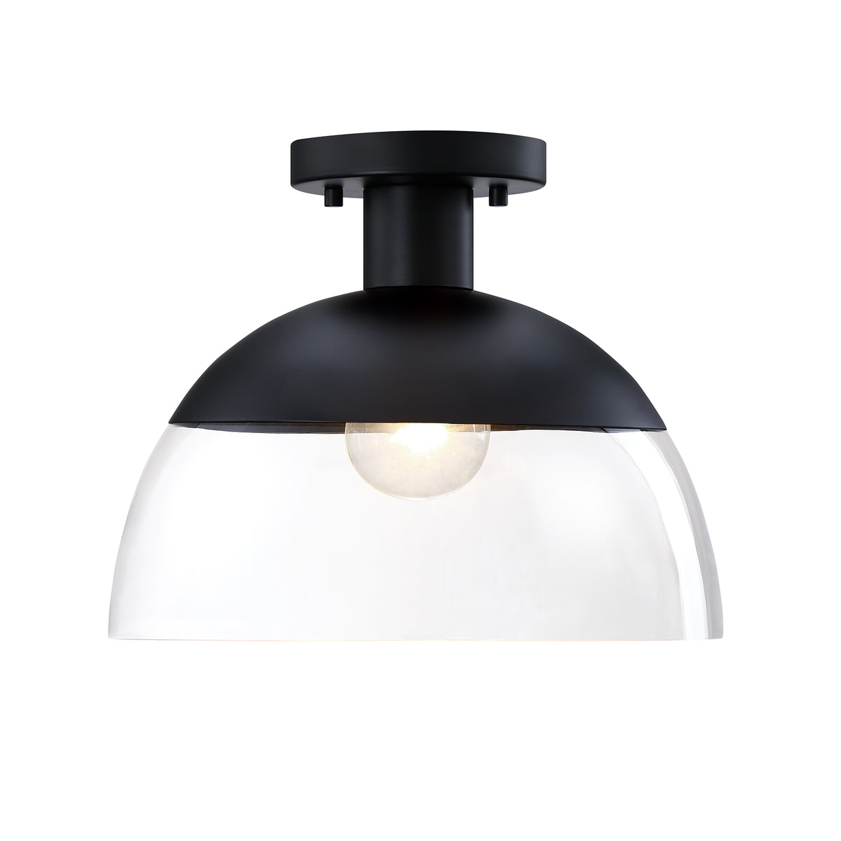 Rey 13 in. 1-Light Matte Black Glam Entryway Semi-Flush Mount with Clear Glass Shade