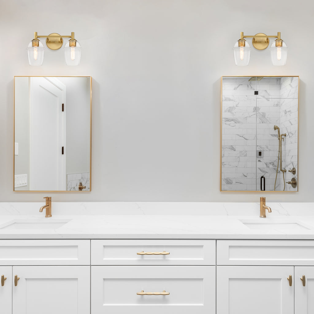 Summer Jazz 16 in. 2-Light Brushed Gold Transitional Vanity Light with Clear Glass Shades for Bathrooms