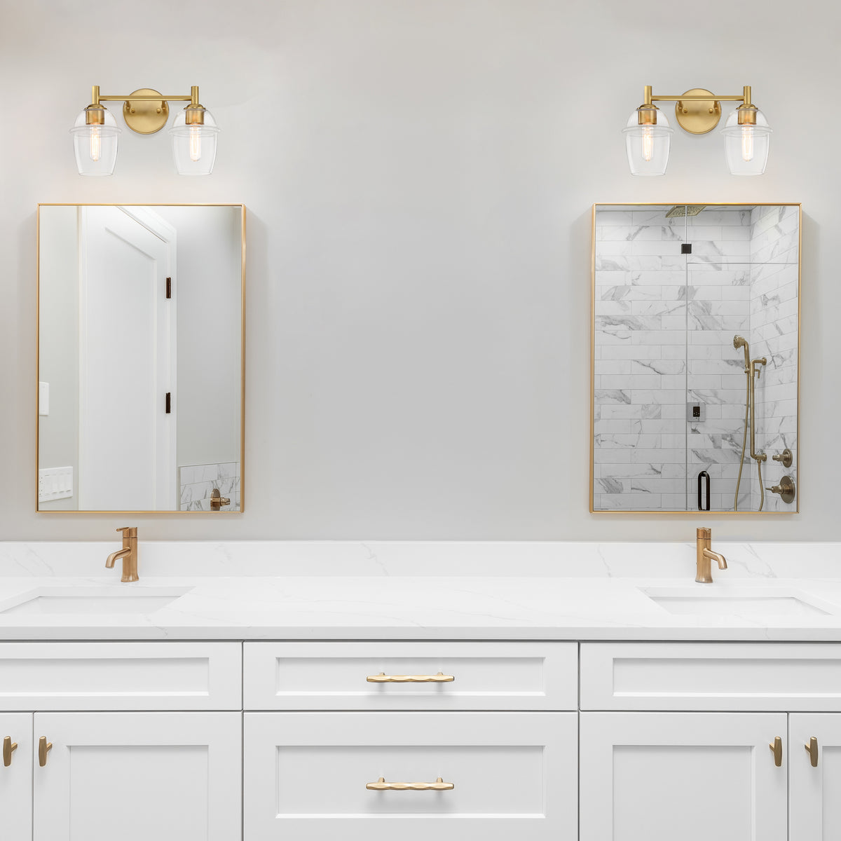 Summer Jazz 16 in. 2-Light Brushed Gold Transitional Vanity Light with Clear Glass Shades for Bathrooms